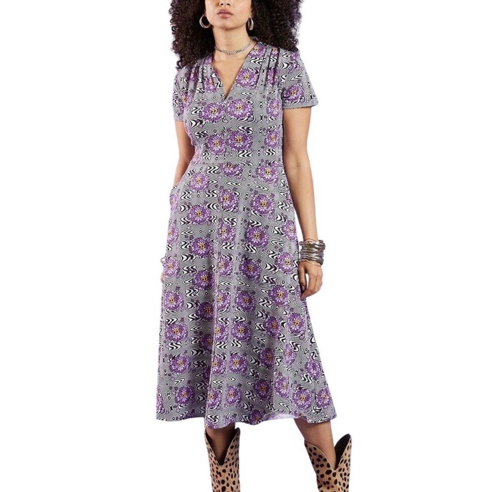 Nooworks‎ Greta Purple Haze Psychedelic Short Sleeve Midi Dress Medium